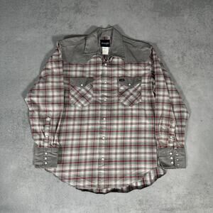 Wrangler Plaid Western Snap Button Shirt Gray Red - Size: L